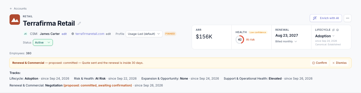 An account page header: details row, Enrich with AI, and the ARR, Health, Renewal and Lifecycle numbers (demo data).