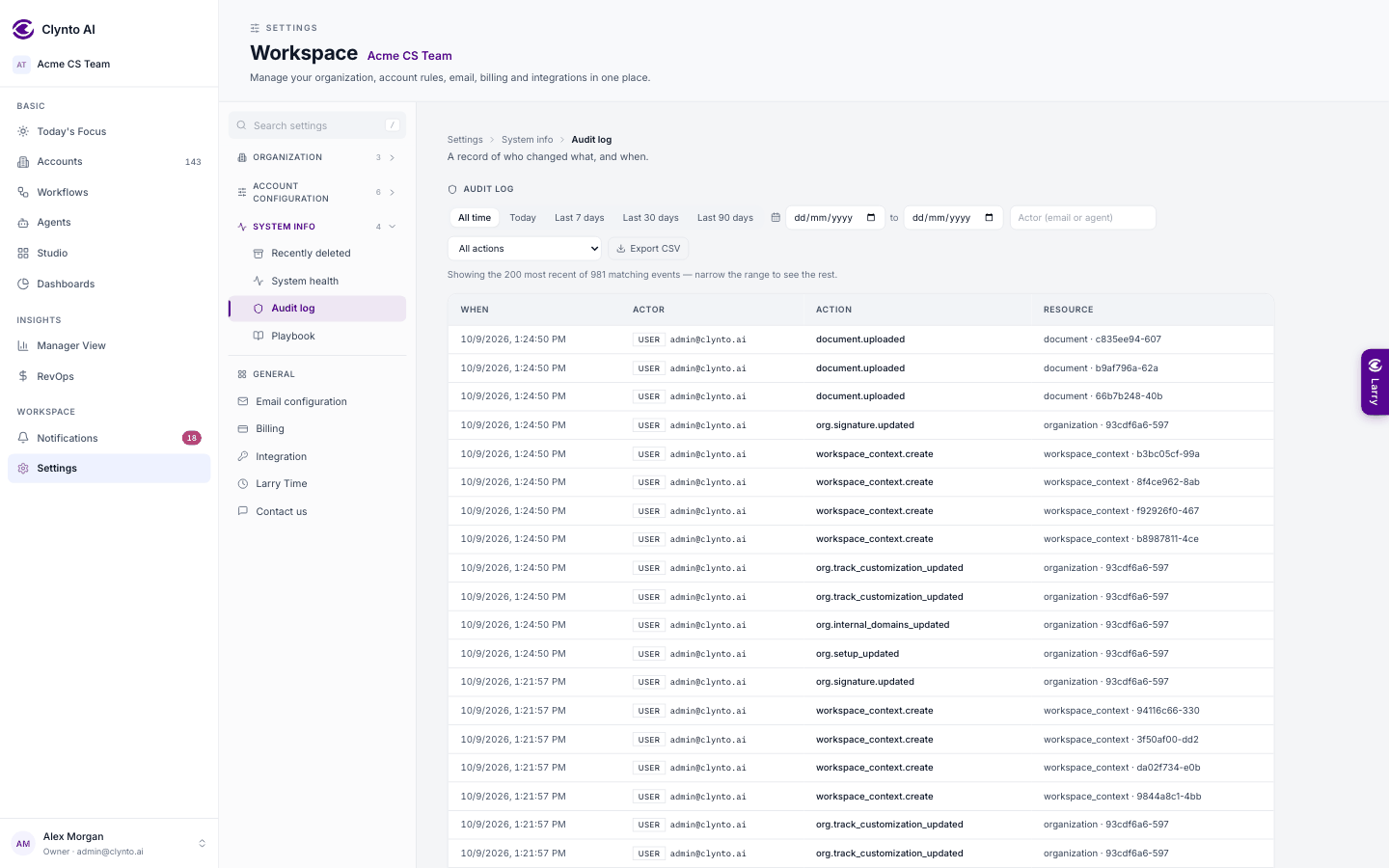 Settings → Audit log: every significant action, who took it and when, filterable by date and action (demo data).