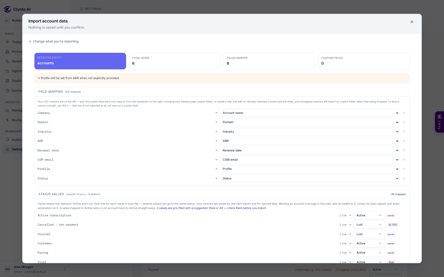 Importing accounts: every column mapped, including Profile and Status, before anything is saved (demo data).
