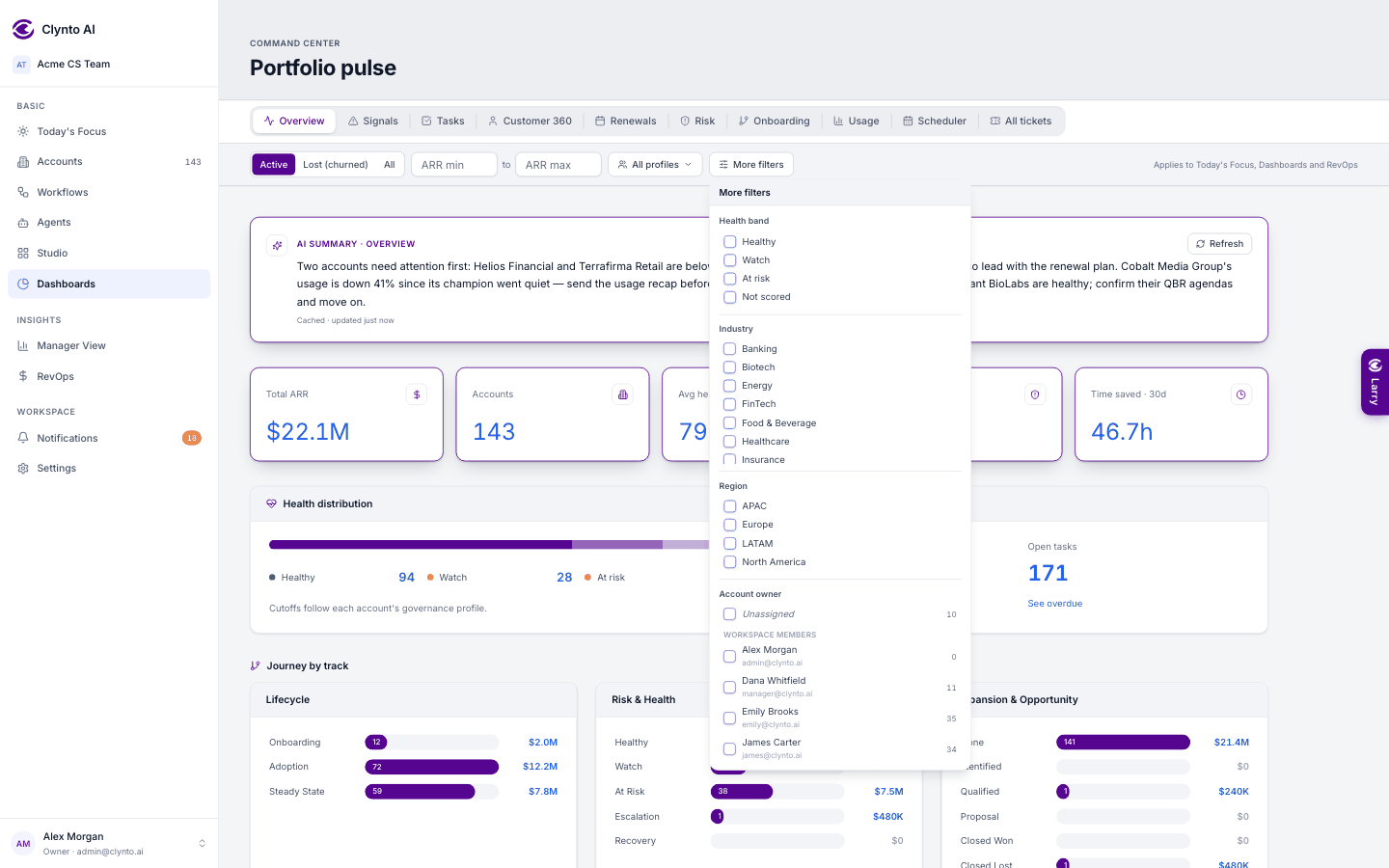 The portfolio filter: More filters → Account owner, grouped into Unassigned and Workspace members with account counts; imported owners who aren't members get their own group (demo data).
