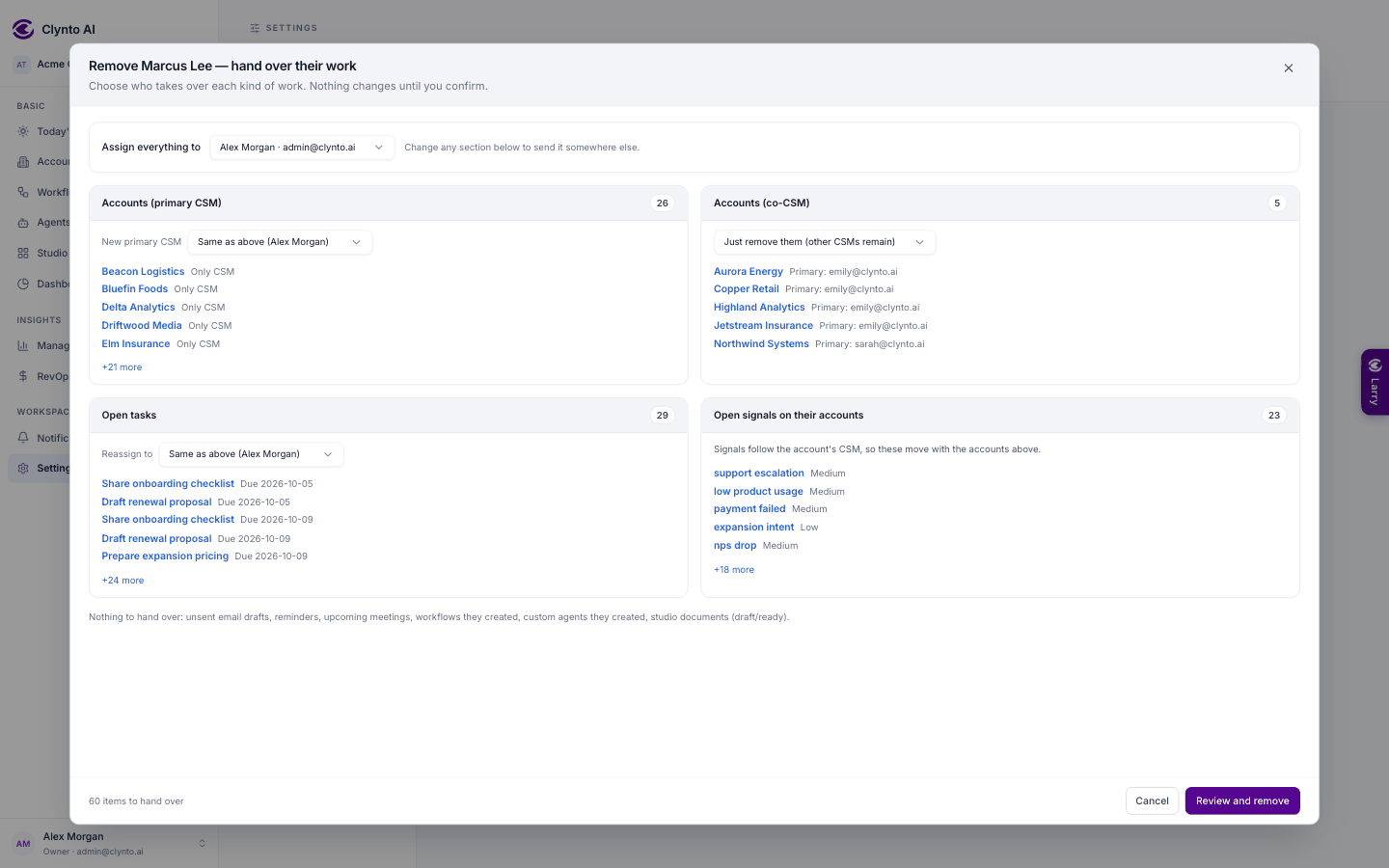 Removing a member: choose who takes over their accounts, co-CSM places, open tasks and signals, then Review and remove (demo data).