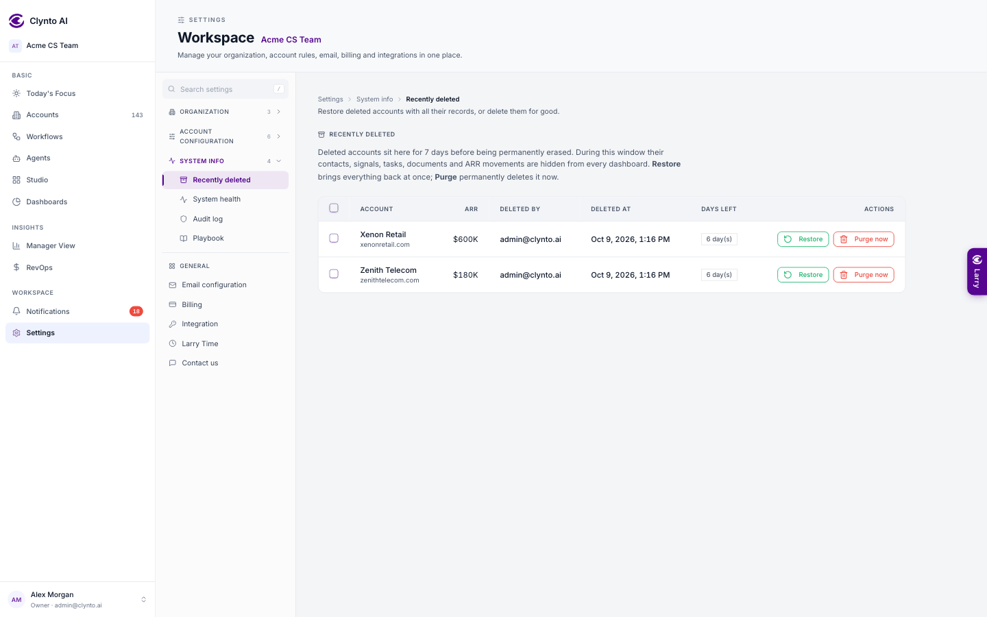 Settings → Recently deleted: each deleted account with who deleted it, when, the days left, and Restore or Purge now (demo data).