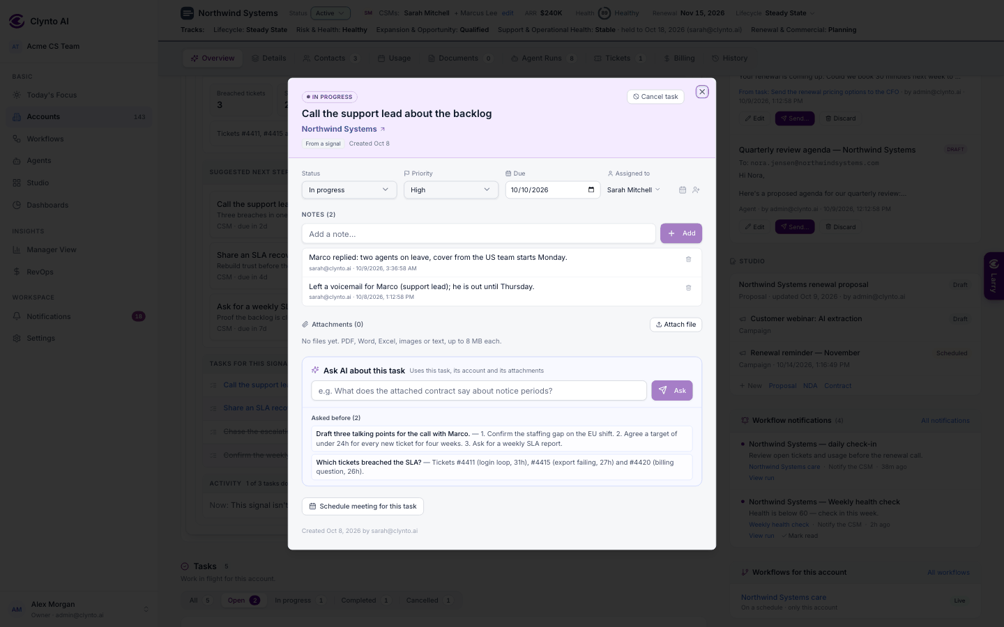 The task window: status, priority, due date, assignee, notes, attachments, Ask AI and Cancel task (demo data).