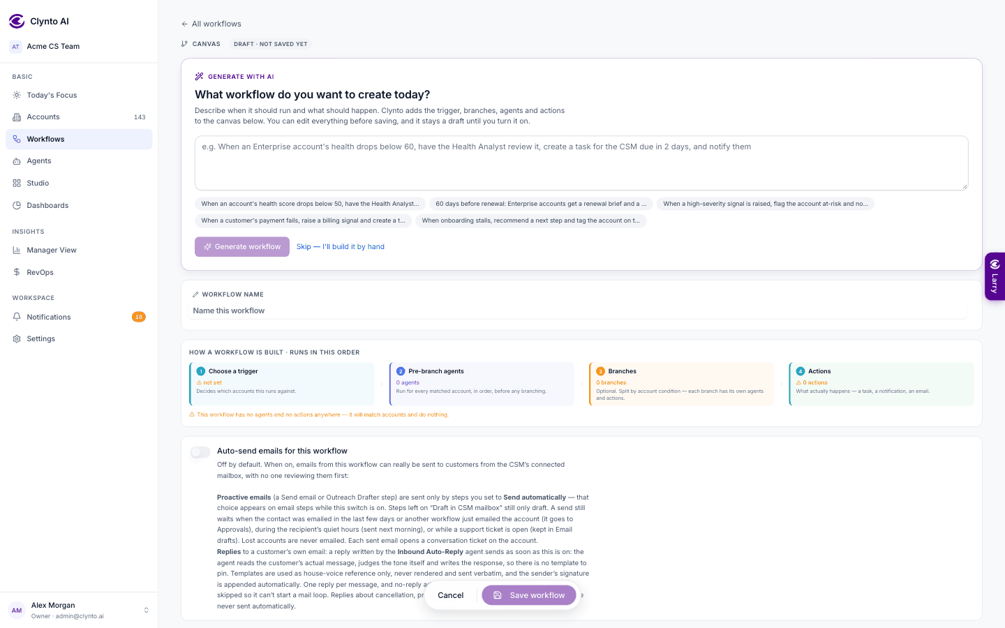 Workflows → Create workflow: a blank canvas with the Generate with AI panel on top (demo data).
