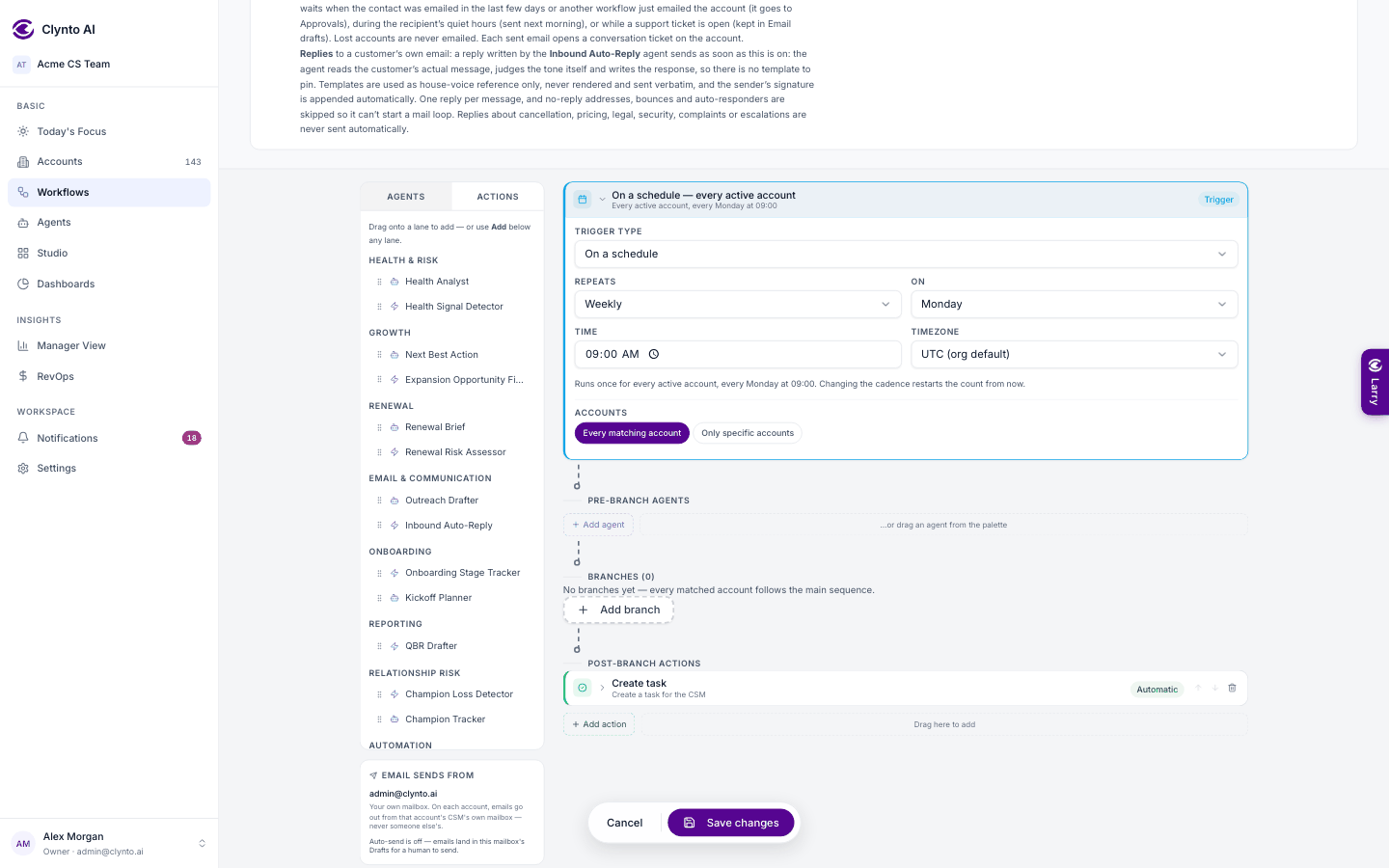 Trigger → On a schedule: the cadence editor with frequency, day, time and time zone (demo data).